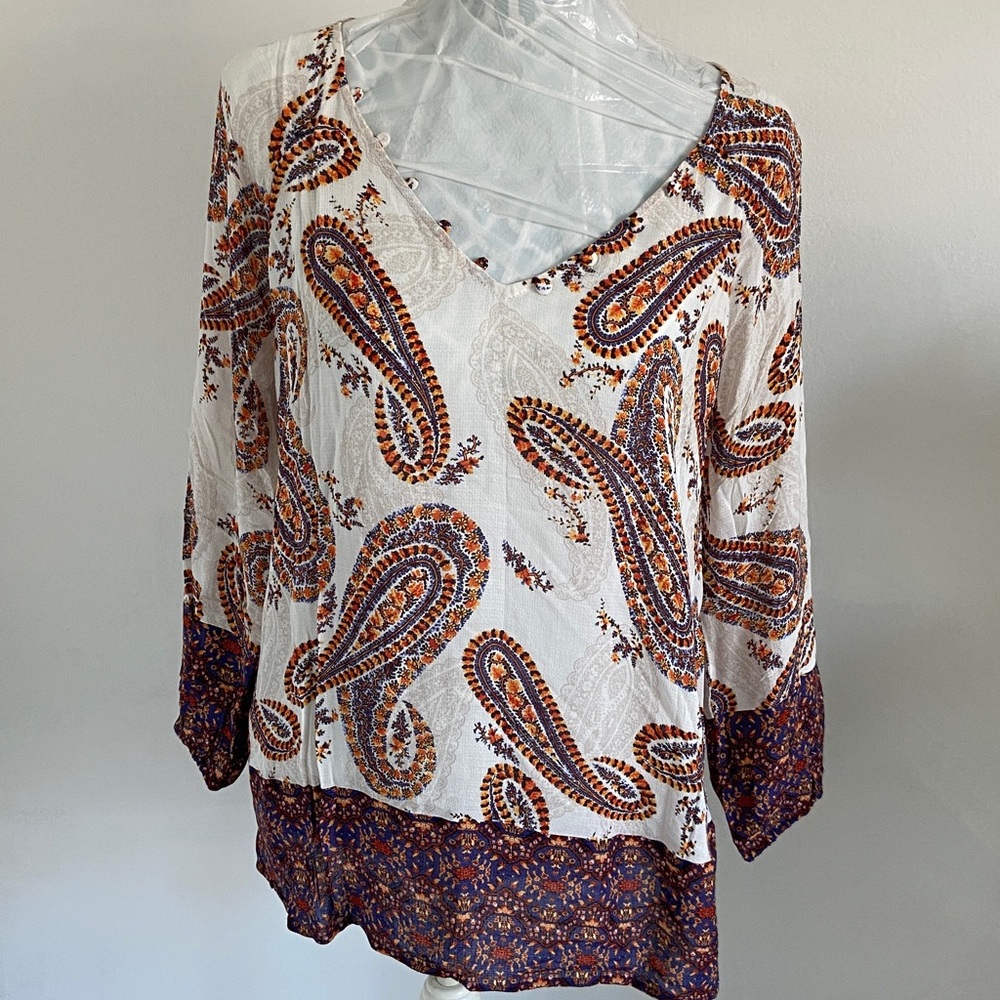 NWT Lucky Brand Paisley V-Neck Blouse - Cream and Brown L